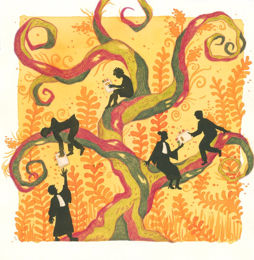 Dessin artistique d'un arbre sur lequel sont installé-es des juristes qui étudient et se transmettent des dossiers de branche en branche.